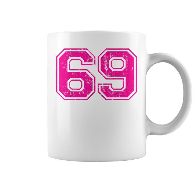 Number 69 Varsity Distressed Vintage Sport Team Player's Coffee Mug