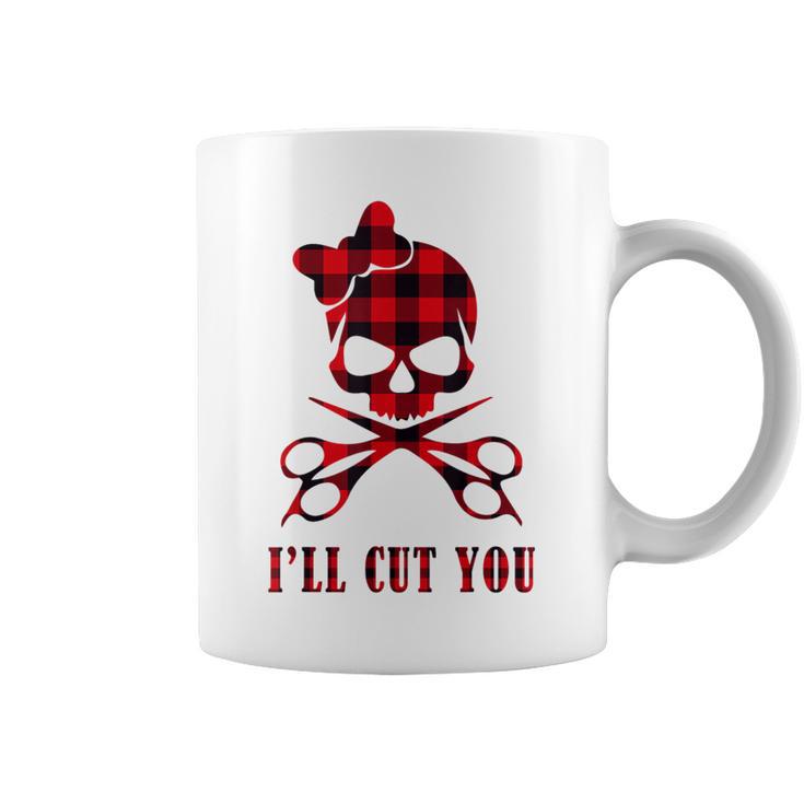 Red Plaid I'll Cut You Hair Stylist Skull Coffee Mug