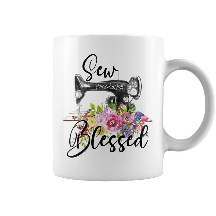 Retro Floral Sewing Machine Sew Blessed Quilting Lovers Coffee Mug