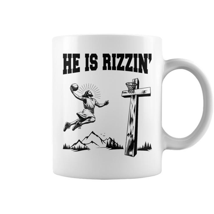 He Is Rizzin Meme Basketball Retro Christian Cross Religious Coffee Mug