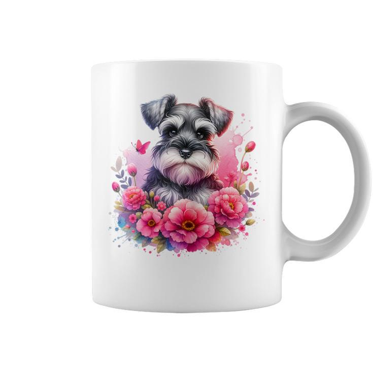 Watercolor Cute Miniature Schnauzer Dog Mom Pink Flowers Coffee Mug