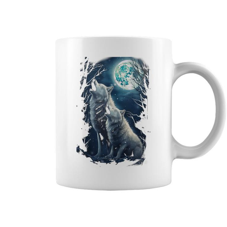 White Wolves Howling At Moon Vintage Wolf Lover Coffee Mug