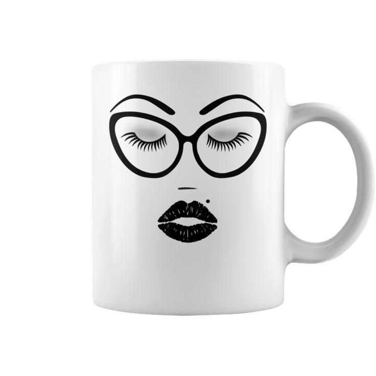 Women's Make-Up Cosmetics Lashes Eyebrows Black Cat Glasses Coffee Mug