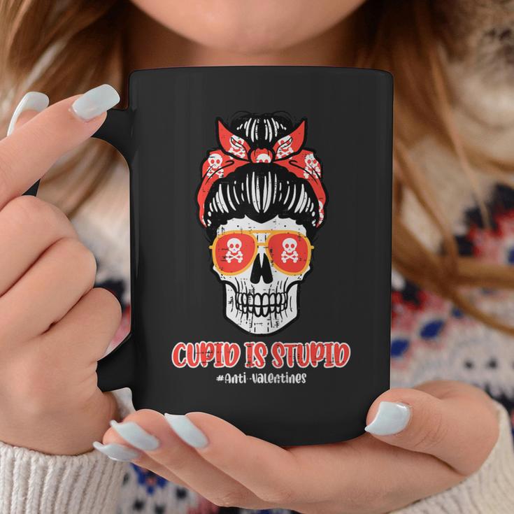 Anti Valentines Day Cupid Is Stupid Skull Messy Bun Women Coffee Mug Unique Gifts