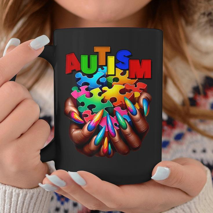Autism Awareness Hand Black Woman Autism Mom Puzzle Piece Coffee Mug Funny Gifts
