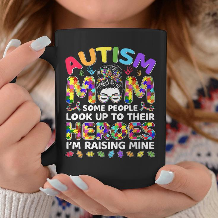 Autism Mom Raising Hero Messy Bun Autism Awareness Coffee Mug Funny Gifts