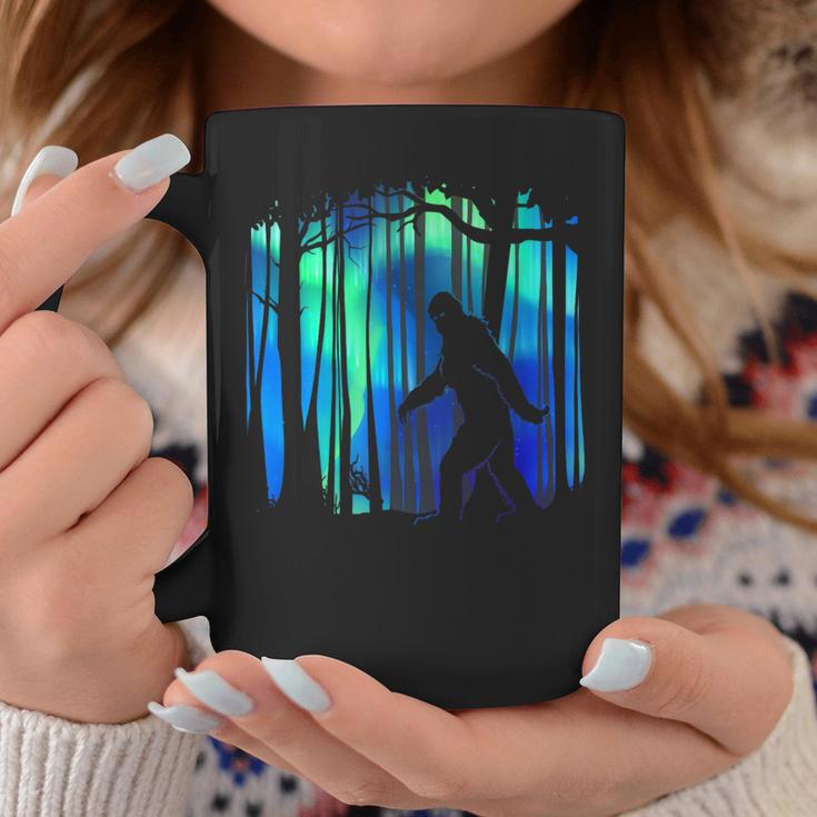 Bigfoot Walking Northern Lights Aurora Forest Coffee Mug Unique Gifts