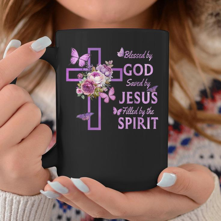 Blessed By God Saved By Jesus Purple Floral Cross Christian Coffee Mug Personalized Gifts