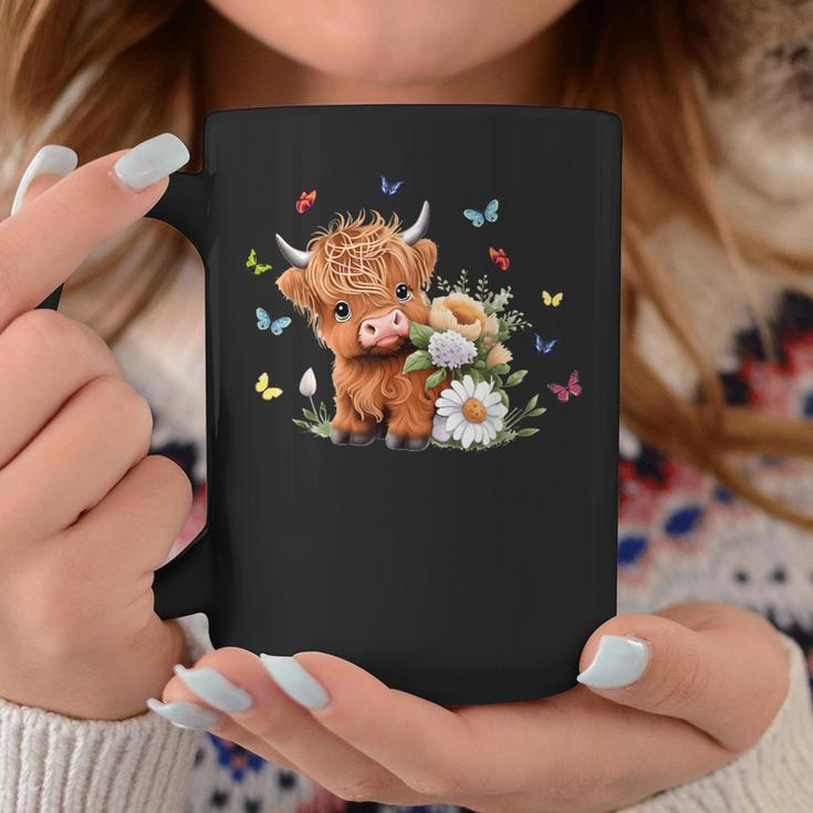 Cute Baby Highland Cow With Flowers Calf Animal Spring Coffee Mug Unique Gifts