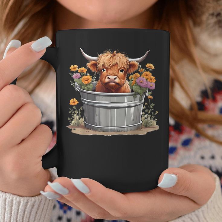 Cute Baby Highland Cow With Flowers Love Spring Pastel Coffee Mug Unique Gifts