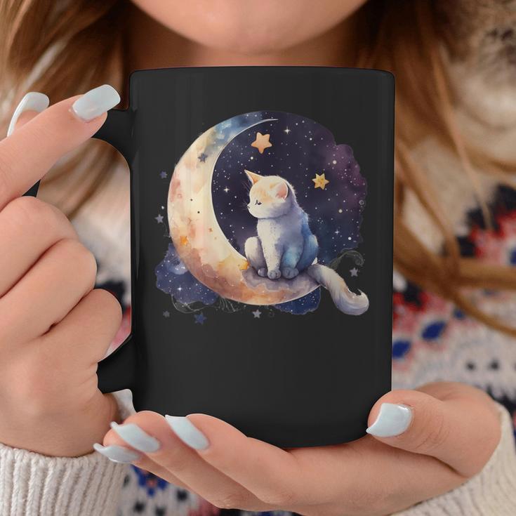 Cute Cat Crescent Moon Phases Purple Star Night Kawaii Cat Coffee Mug Unique Gifts