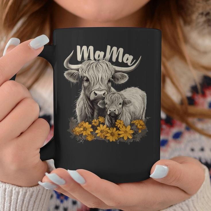 Cute Mama Highland Cow With Baby Calf Flower Cool Animal Coffee Mug Personalized Gifts
