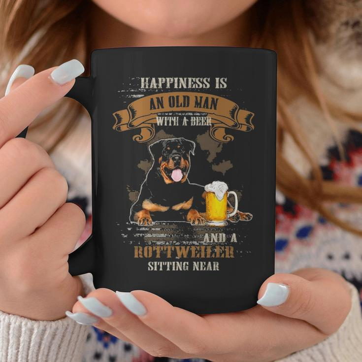 Happiness Is Old Man With Beer And A Rottweiler Sitting Near Coffee Mug Unique Gifts