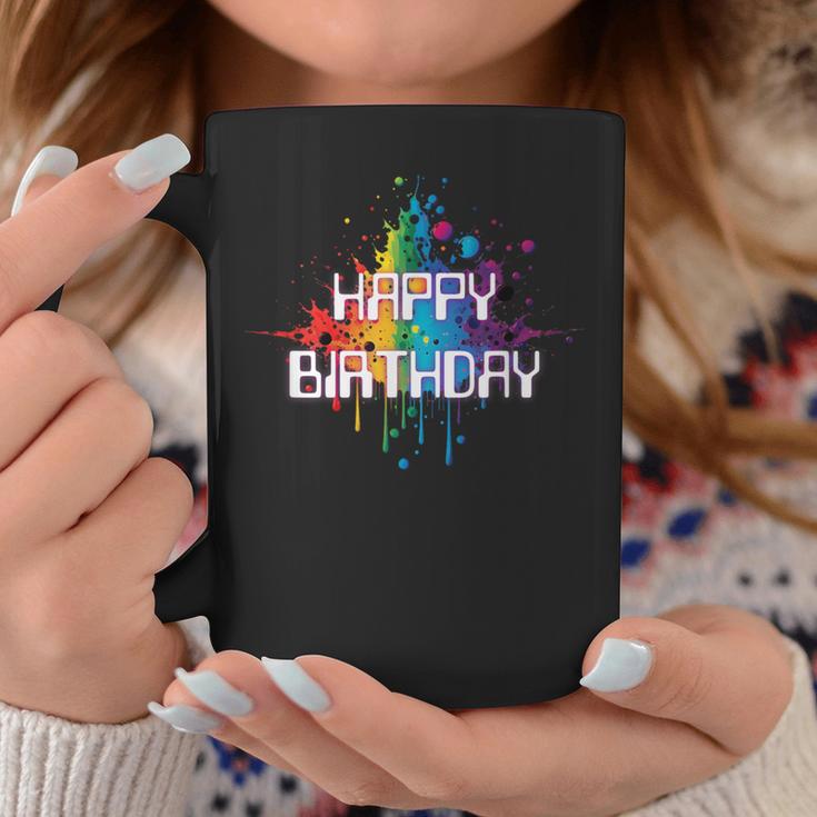 Happy Birthday Regenbogenfarbe Splash Neon Rot Orange Blau Top Tassen Lustige Geschenke