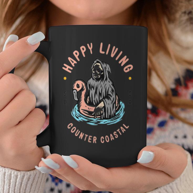 Happy Living Skeleton Reaper Flamingo Pool Float Coffee Mug Unique Gifts