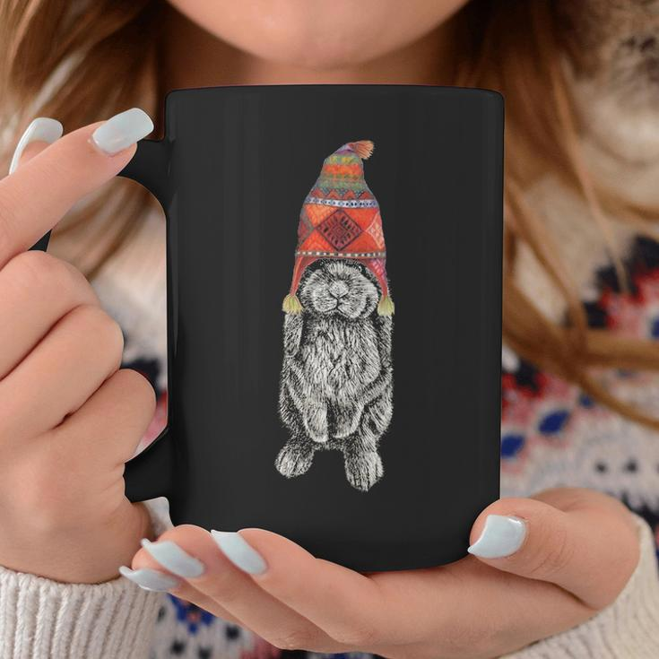 Hipster Lop Eared Bunny Rabbit Wearing Winter Peruvian Hat Coffee Mug Unique Gifts