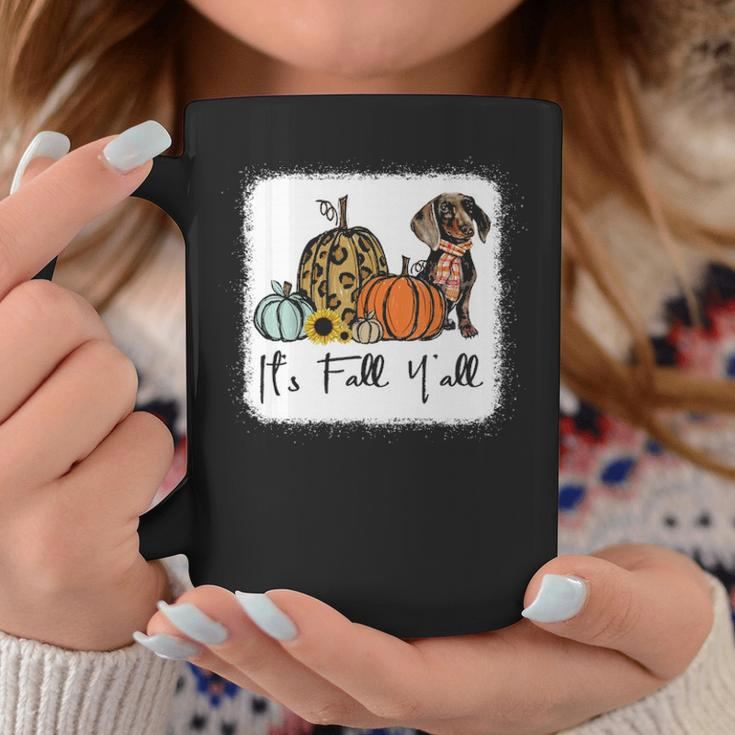 It's Fall Y'all Yellow Dachshund Dog Leopard Pumpkin Falling Coffee Mug Unique Gifts