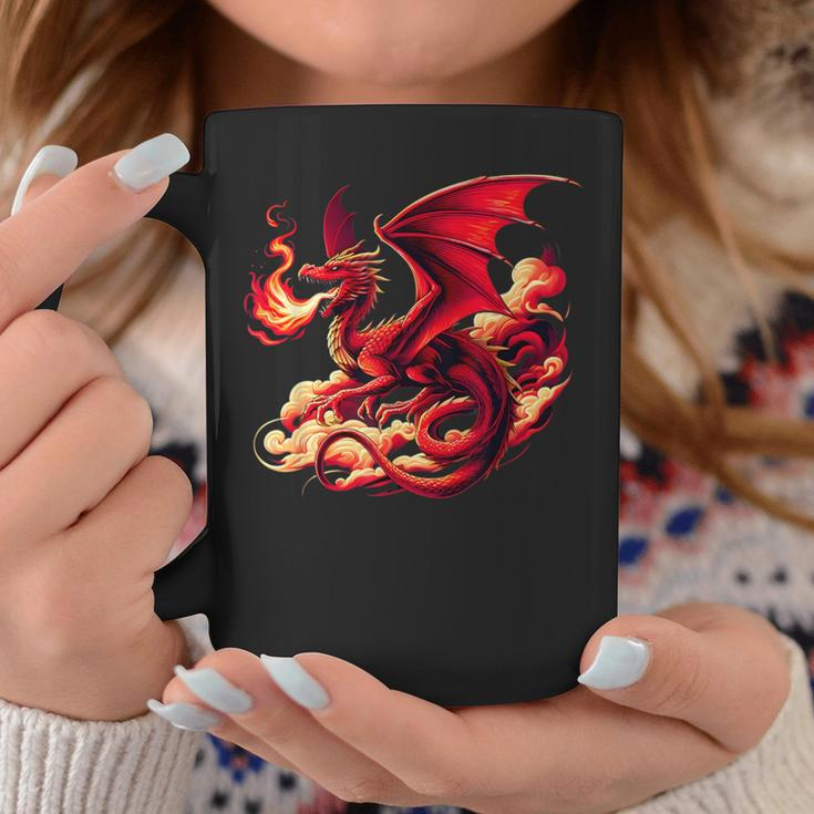 Mythical Red Dragon Breathes Fire On Clouds Boy Girl Dragon Coffee Mug Funny Gifts