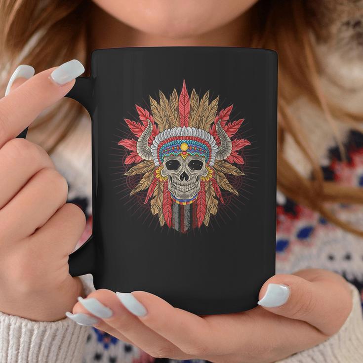 Native American Indian Chief Skull Motorcycle Headdress Red Coffee Mug Unique Gifts