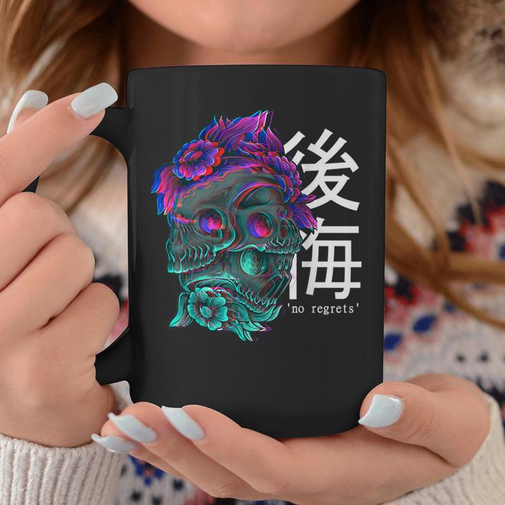 No Regrets Sad Kanji Aesthetic Flower Skull Gothic Coffee Mug Unique Gifts