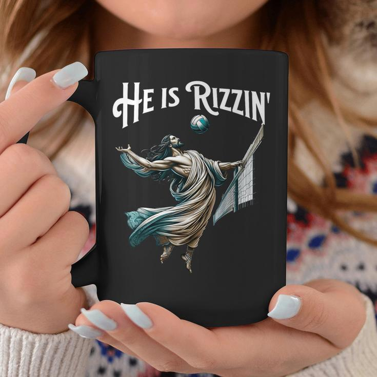 He Is Rizzin Jesus Playing Volleyball Sports Rizz Coffee Mug Unique Gifts