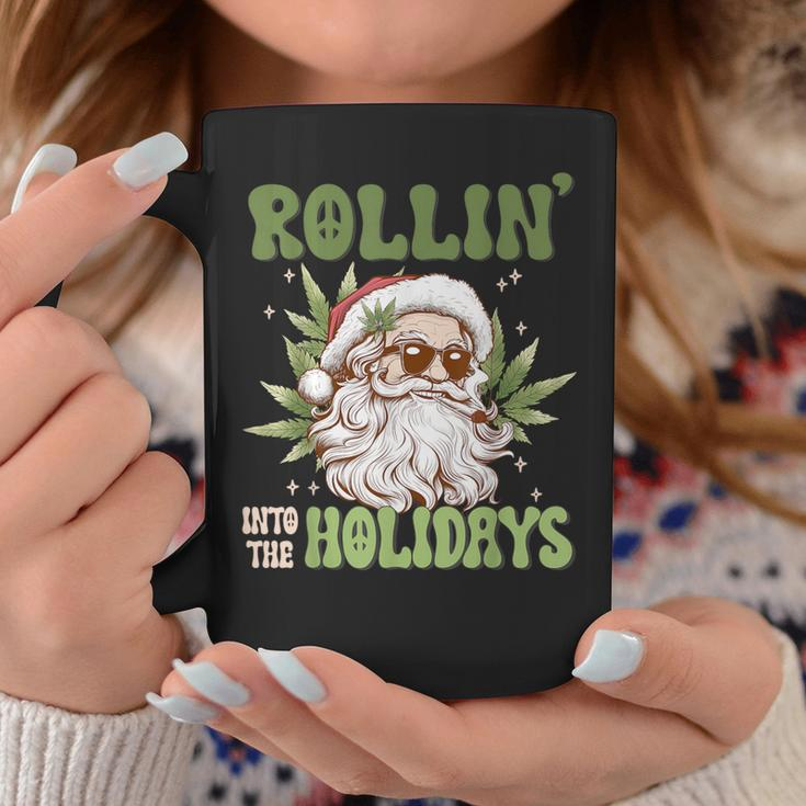 Rollin Into The Holidays Santa Black Marijuana Christmas Coffee Mug Unique Gifts
