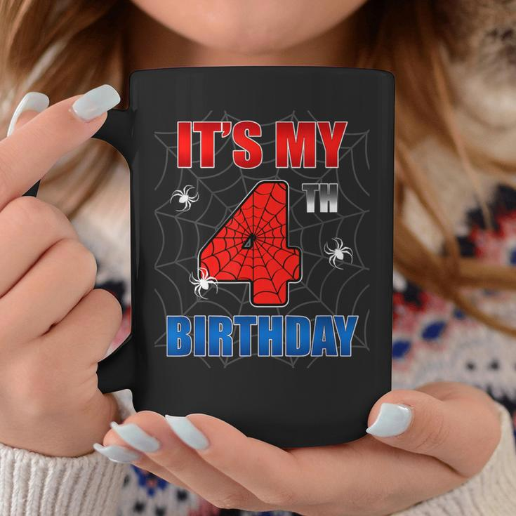 Spider Web Four 4 Years Old It's My 4Th Birthday Boy Party Coffee Mug Funny Gifts