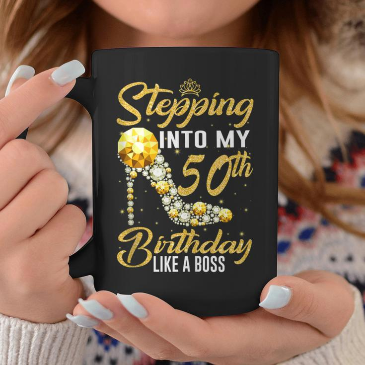 Stepping Into My 50Th Birthday Like A Boss Golden Crown Shoe Coffee Mug Unique Gifts