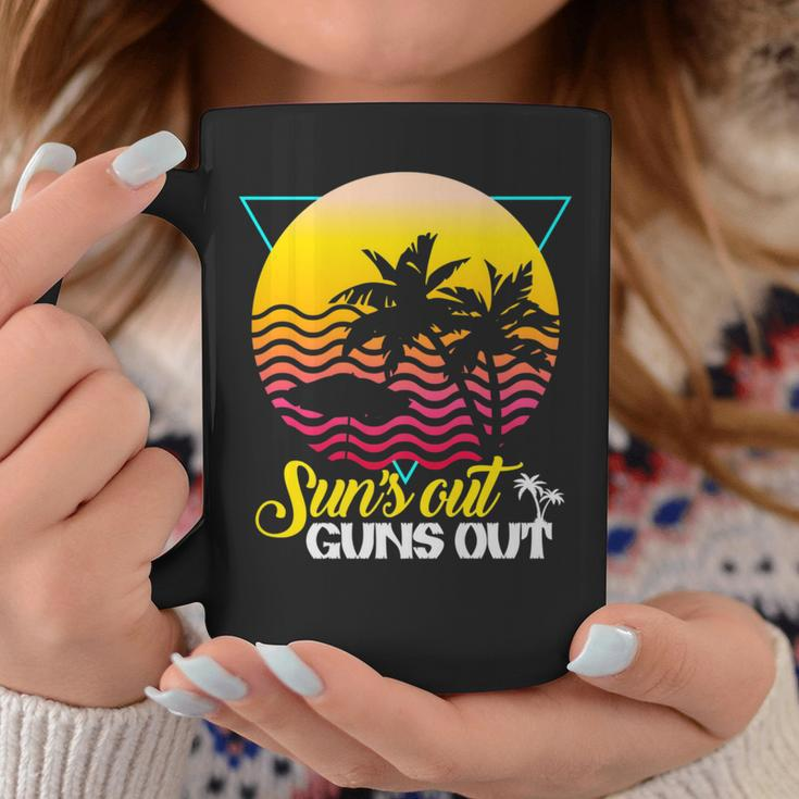 Suns Out Guns Out Retro 80S Beach Scene Palm Tree Sunset Coffee Mug Unique Gifts