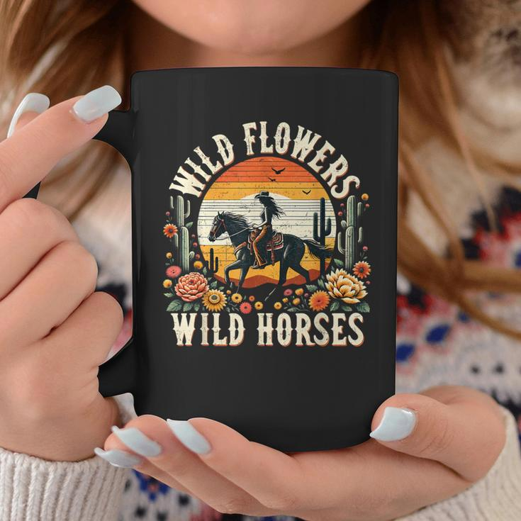 Sunset Cowgirl Riding Horse Wild Flowers Wild Horses Coffee Mug Funny Gifts