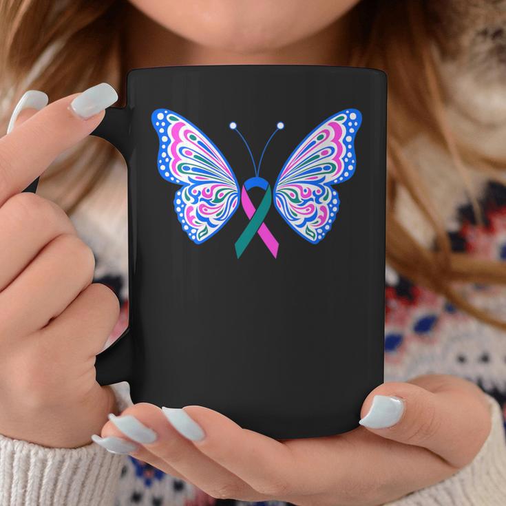 Thyroid Cancer Blue Pink Teal Ribbon Butterfly Wings Tattoo Coffee Mug Unique Gifts