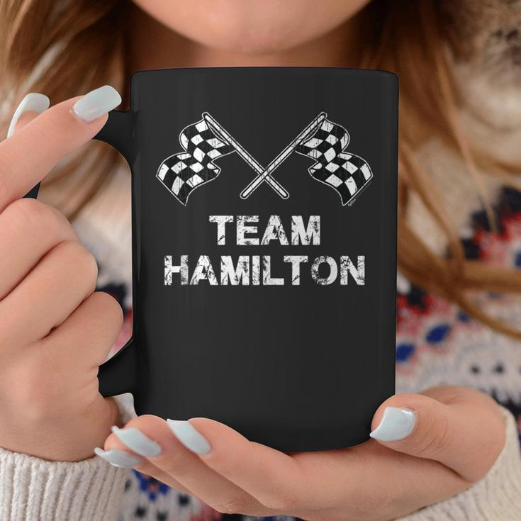 Vintage Team Hamilton Family Name Checkered Flag Racing Coffee Mug Funny Gifts