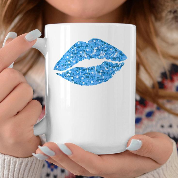 80S & 90S Kiss Mouth Lips Motif Vintage Blue Coffee Mug Unique Gifts