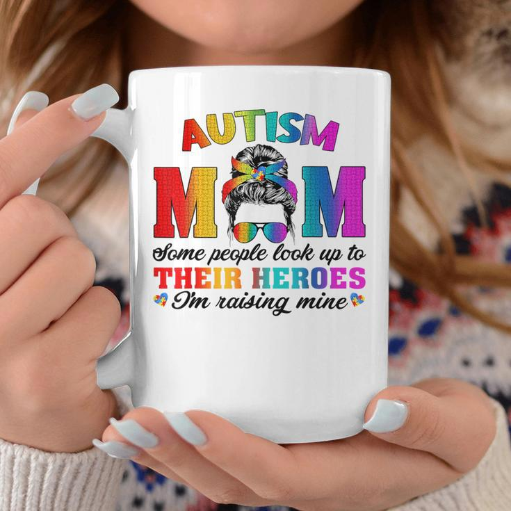 Autism Mom Raising Hero Groovy Messy Bun Autism Awareness Coffee Mug Funny Gifts