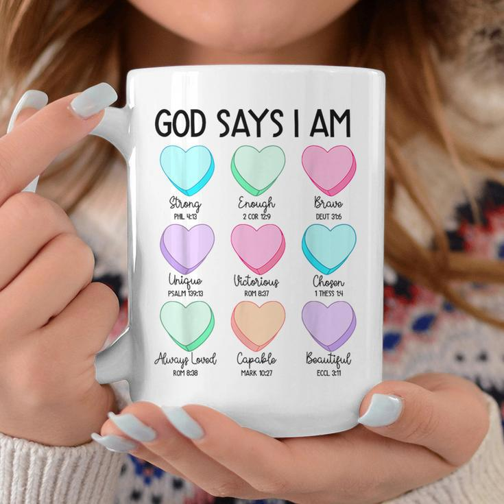 Christian Bible Verse God Says I Am Candy Heart Valentines Coffee Mug Funny Gifts