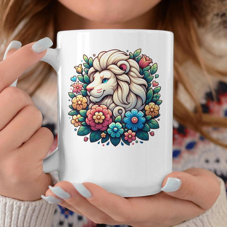 Floral Lion Head With Vintage Flowers Cartoon Animal Lover Coffee Mug Unique Gifts