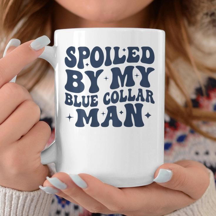 Spoiled By My Blue Collar Man Groovy Wife On Back Coffee Mug Funny Gifts