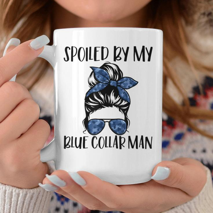 Spoiled By My Blue Collar Man Messy Bun Coffee Mug Personalized Gifts