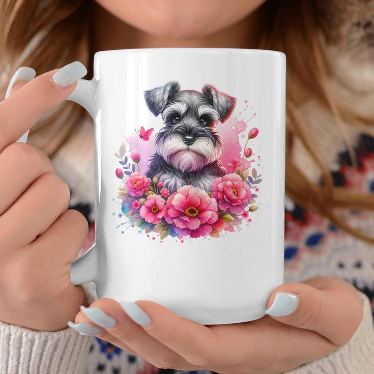 Watercolor Cute Miniature Schnauzer Dog Mom Pink Flowers Coffee Mug Funny Gifts