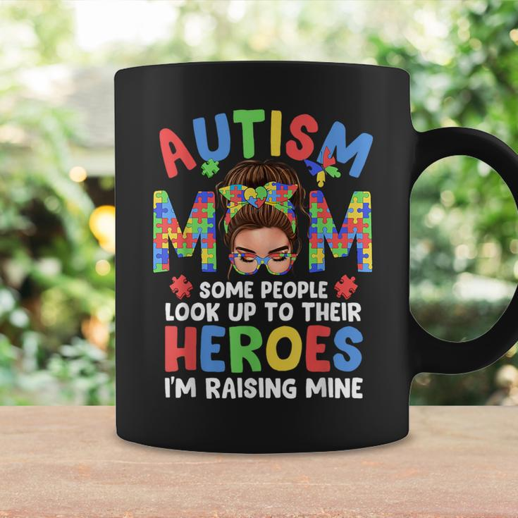Autism Mom Raising Hero Groovy Messy Bun Autism Awareness Coffee Mug Gifts ideas