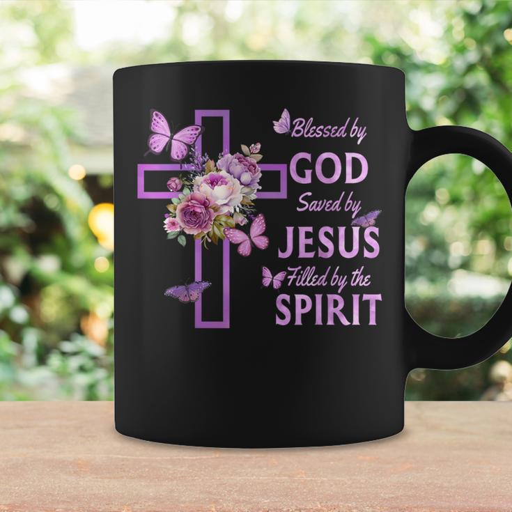 Blessed By God Saved By Jesus Purple Floral Cross Christian Coffee Mug Gifts ideas