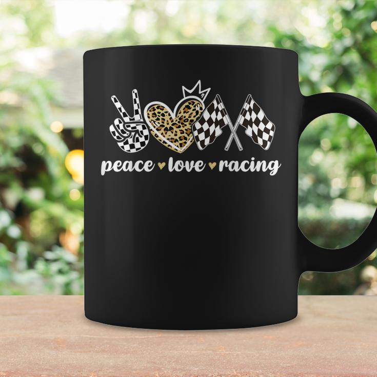 Peace Love Racing Leopard Print V Sign Heart Flag Racing Coffee Mug Gifts ideas