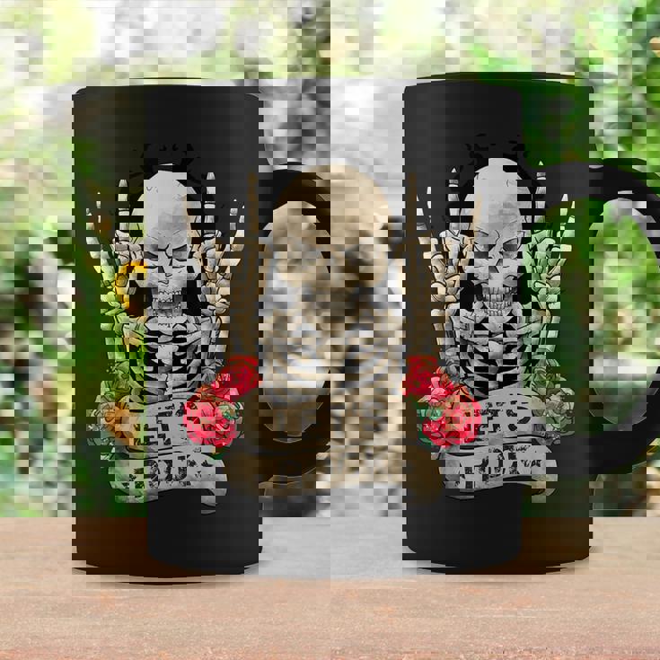 Lets Rock Rock & Roll Esqueleto Manointage Retro Rock Concierto Taza de café Ideas de regalos