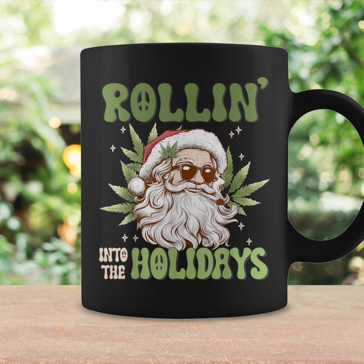 Rollin Into The Holidays Santa Black Marijuana Christmas Coffee Mug Gifts ideas