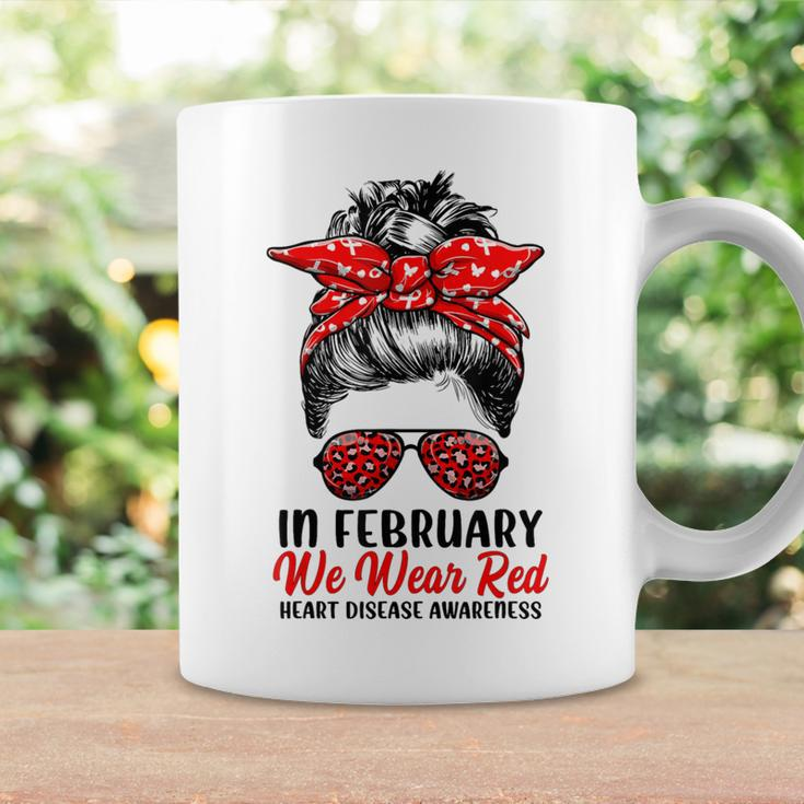 In February We Wear Red Messy Bun Heart Disease Awareness Coffee Mug Gifts ideas