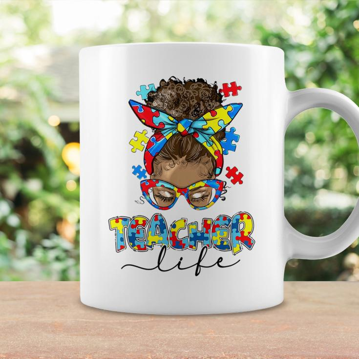 Messy Bun Teacher Life Glasses Bandana Autism Awareness Coffee Mug Gifts ideas