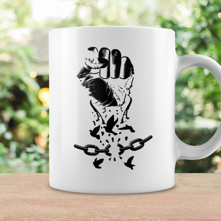 Raised Hand Clenched Fist Broken Chain Birds Black Freedom Coffee Mug Gifts ideas