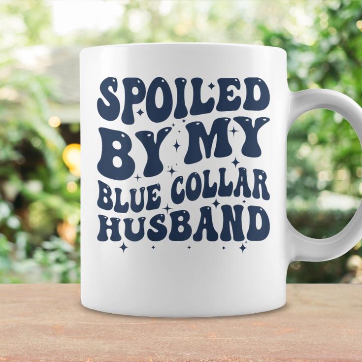 Spoiled By My Blue Collar Husband Retro Groovy Wife Text Coffee Mug Gifts ideas