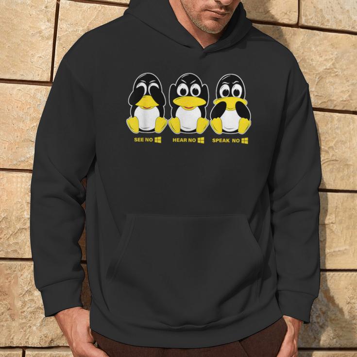 3 Linux Penguins Hörre Sehen Sprechen Kein Win Informatiker Hoodie Lebensstil