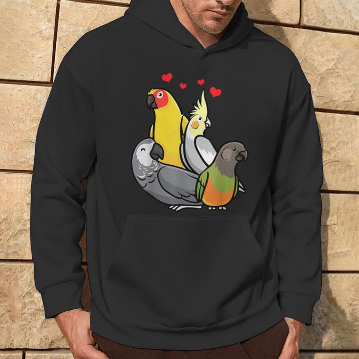 African Grey Cockatiel Sun Conure Senegal Parrot With Hearts Hoodie Lifestyle